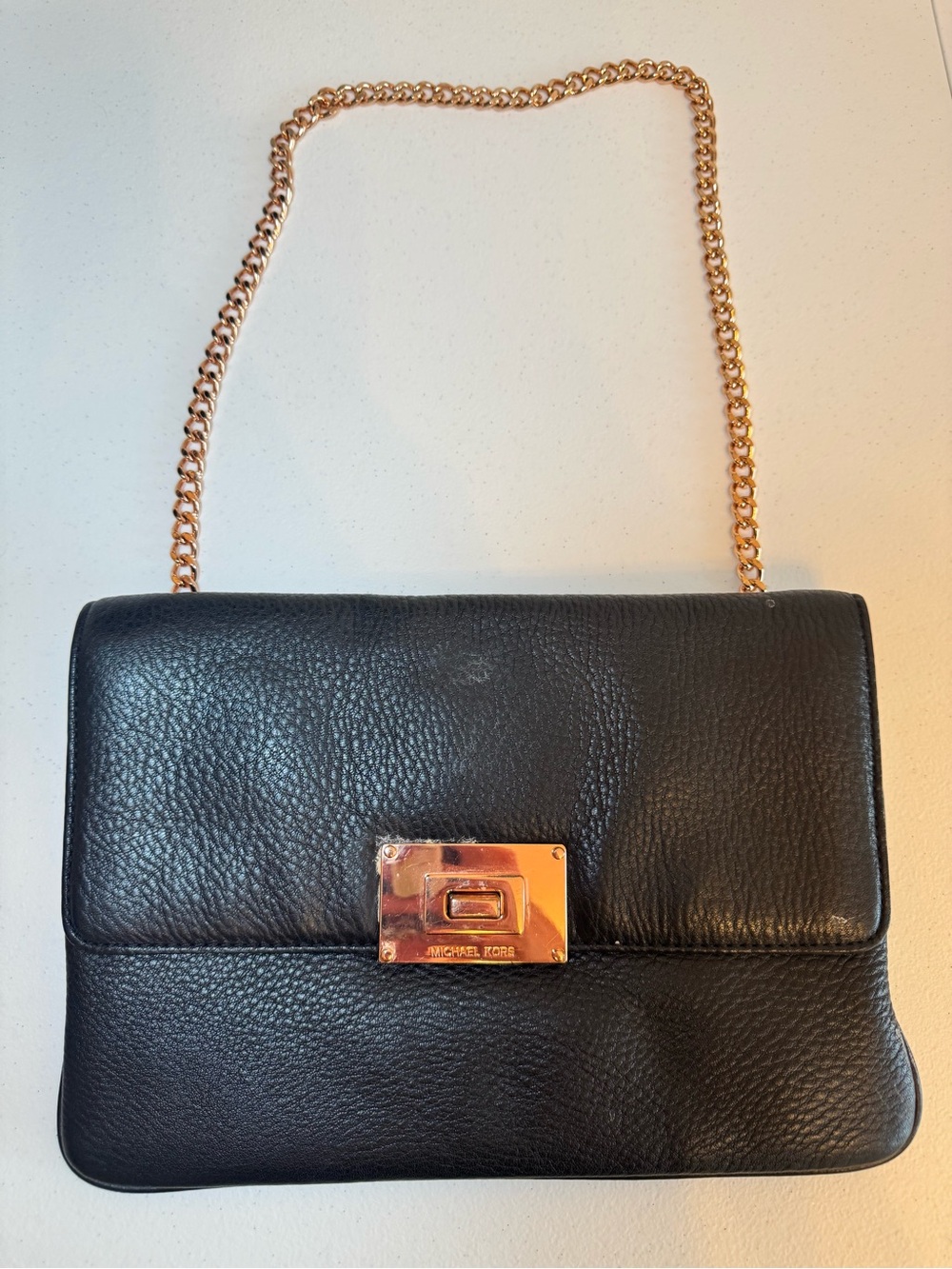 Michael Kors Black Pebbled Leather Chain Shoulder Clutch with Gold Hardware